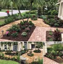 A collage of photos of a lush green garden in front of a house.