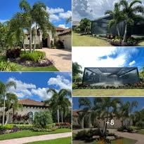A collage of pictures of a house with palm trees in front of it.
