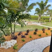 A walkway surrounded by trees and shrubs in a lush green garden.