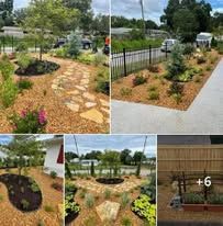 A collage of photos of a garden with a path and a house in the background.