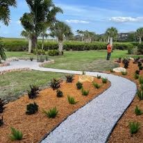 A person is walking down a path in a garden.