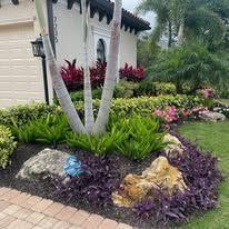 A house with a lot of plants and rocks in front of it.