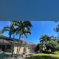 A house with a pool and palm trees in front of it.