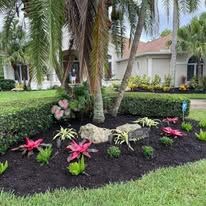 A garden with flowers and rocks in front of a house.