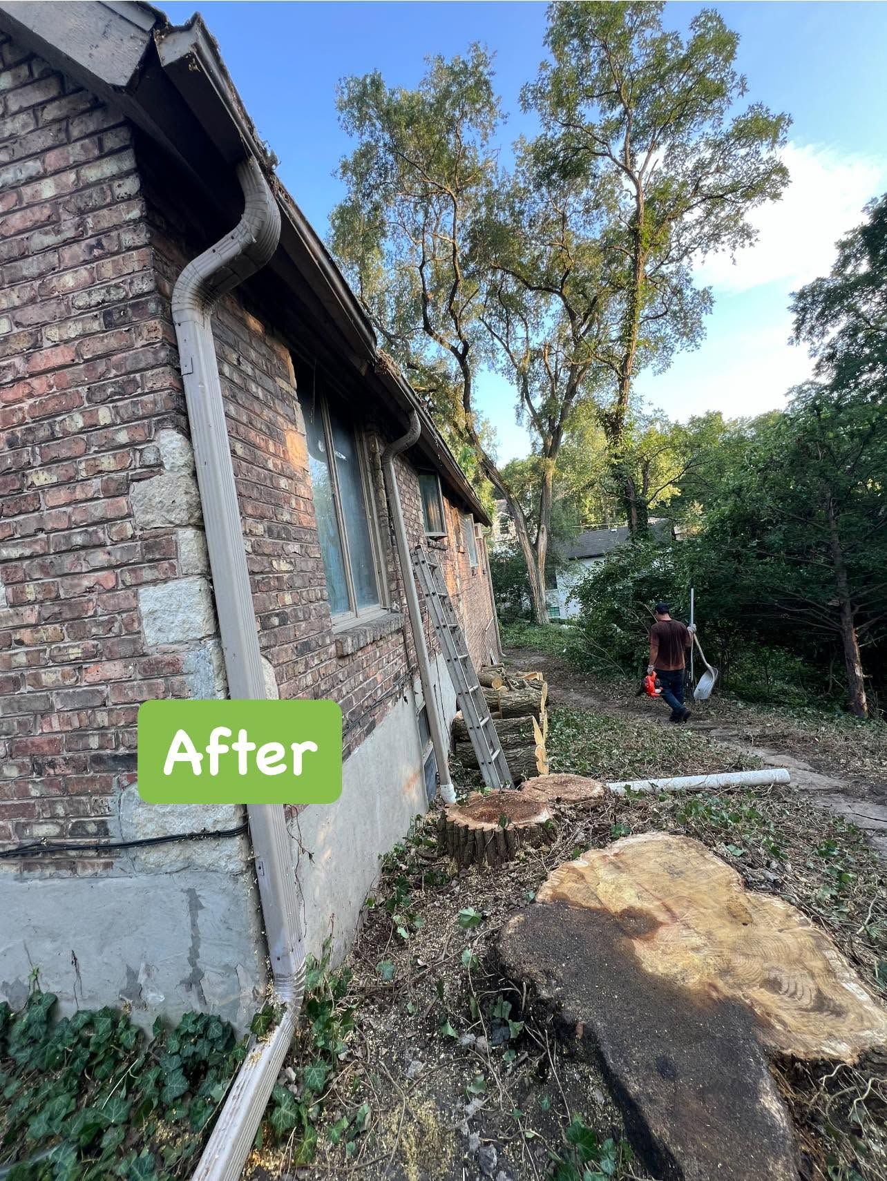 After photo of a brick house wall with a gutter, trees, and a muddy yard with a person in the distance
