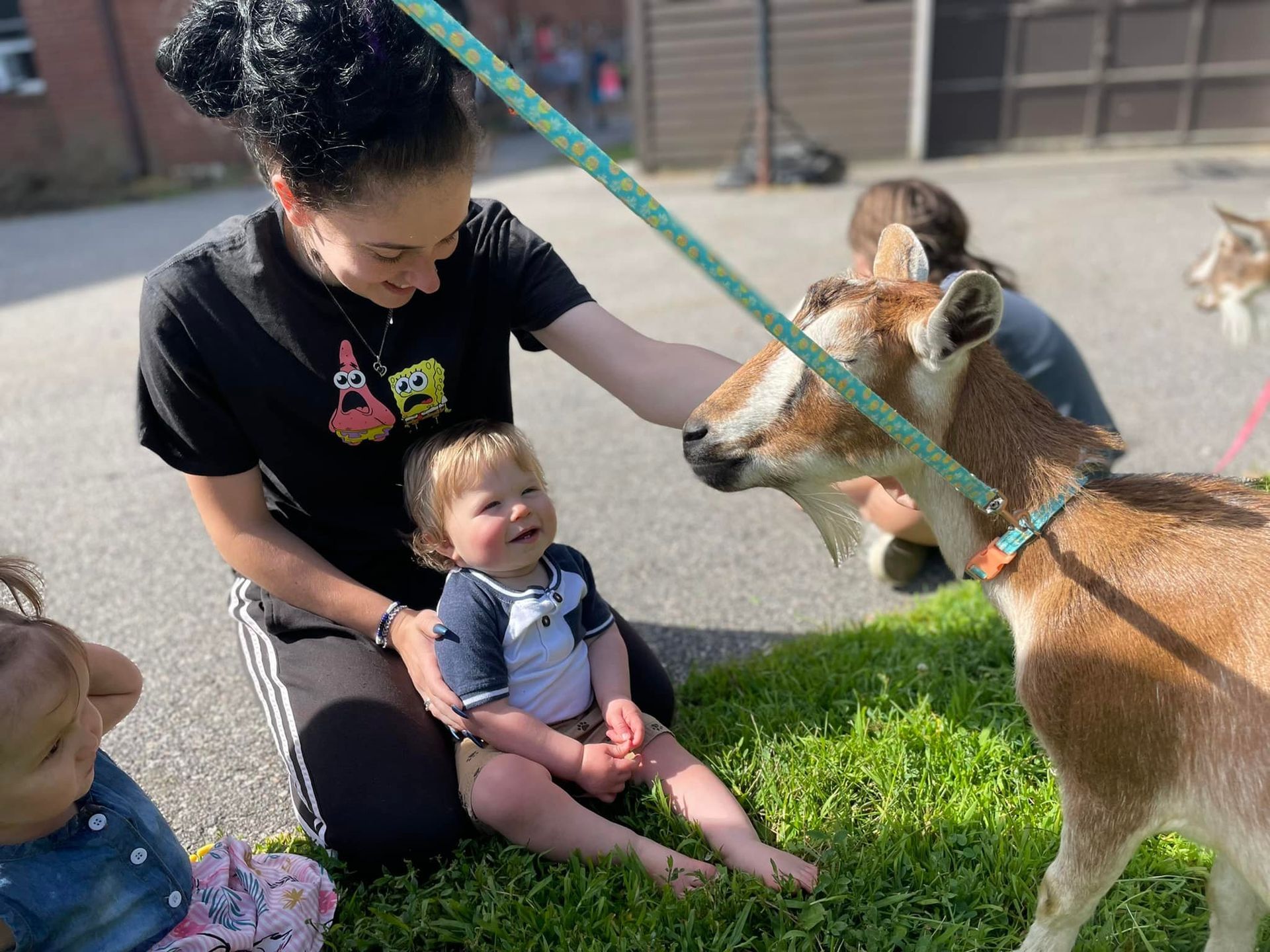 A woman is holding a baby while petting a goat.