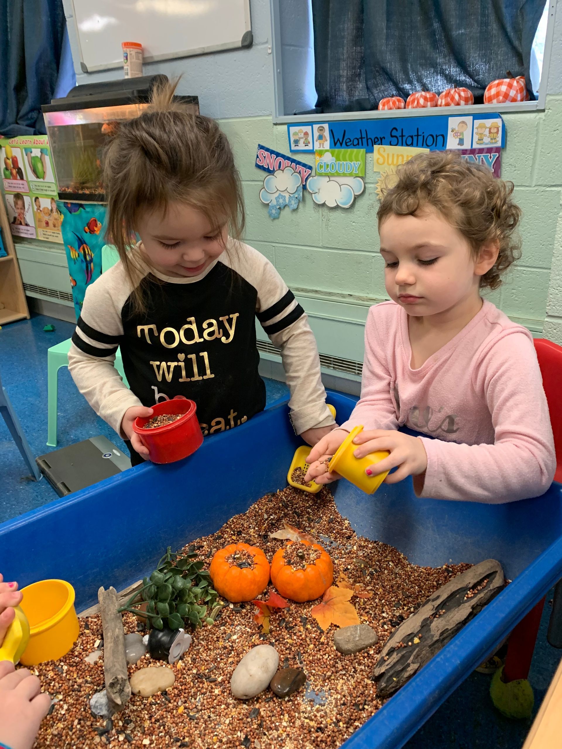 Two little girls are playing in a sandbox and one girl is wearing a shirt that says today will be safe