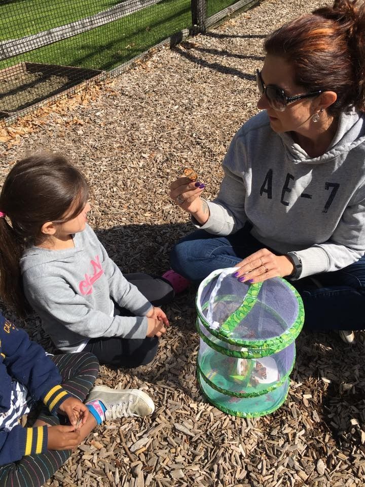 A woman and a little girl are sitting on the ground playing with a butterfly net.