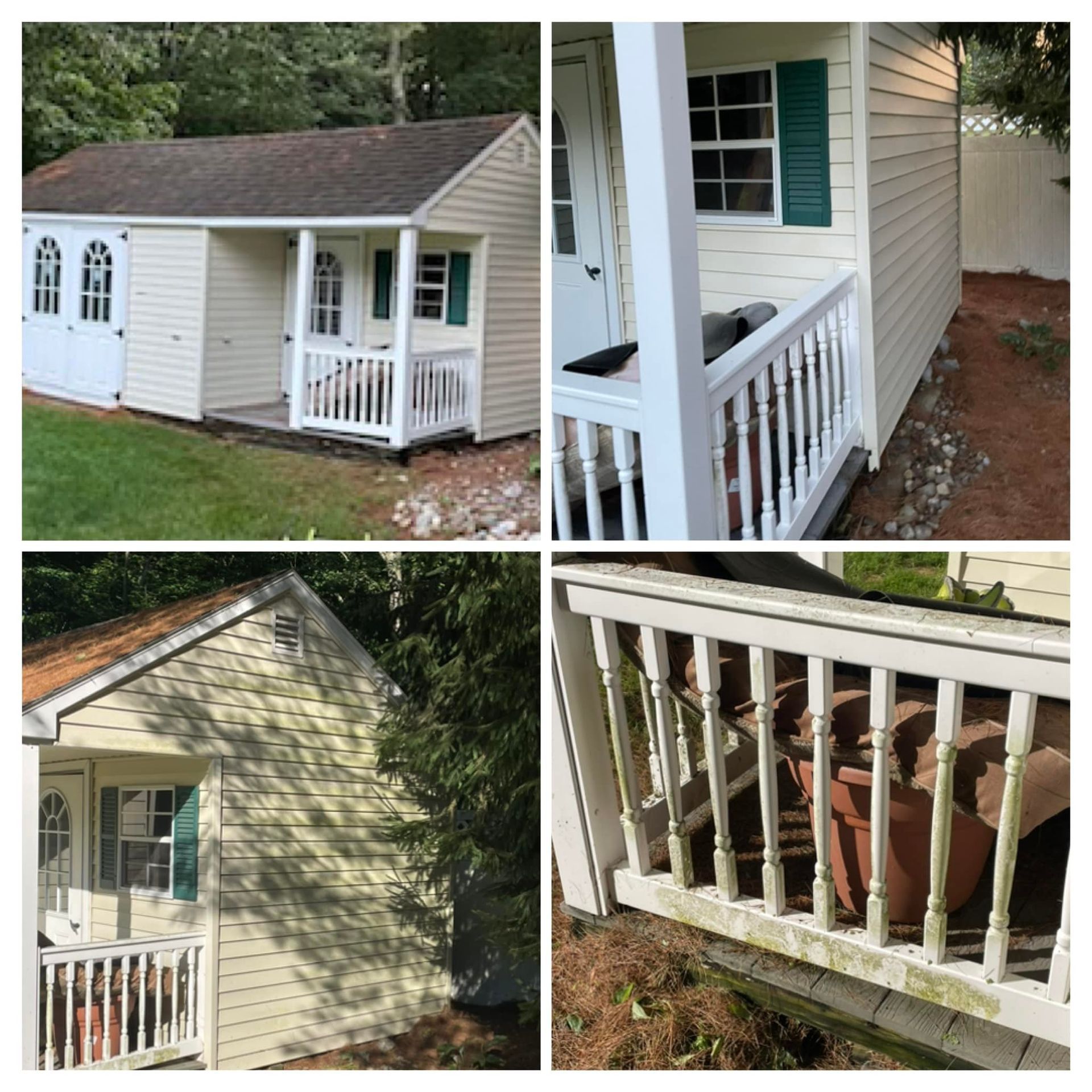 A collage of four pictures of a house with a porch