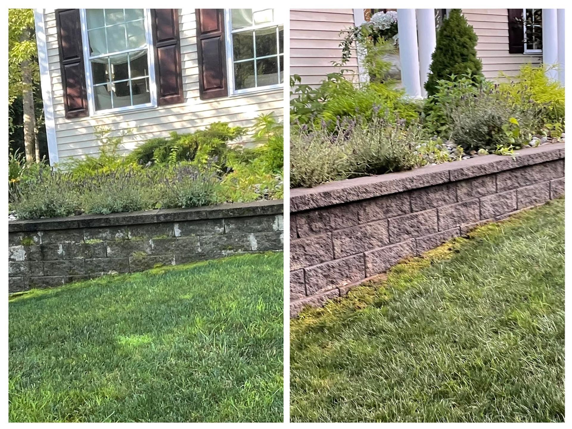 A before and after picture of a lawn and a stone wall.