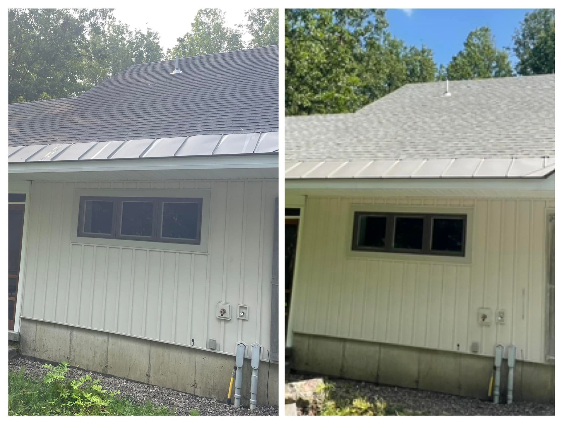 A before and after picture of a house with a roof.