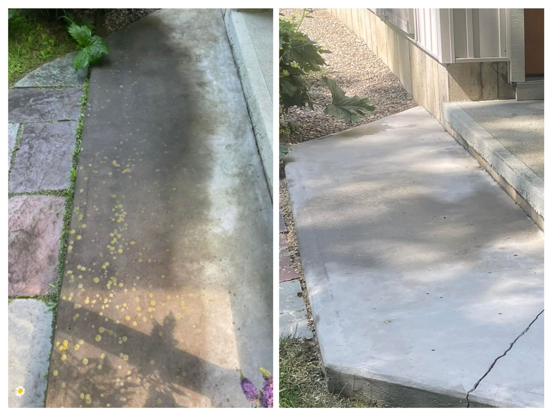 A before and after photo of a concrete sidewalk.