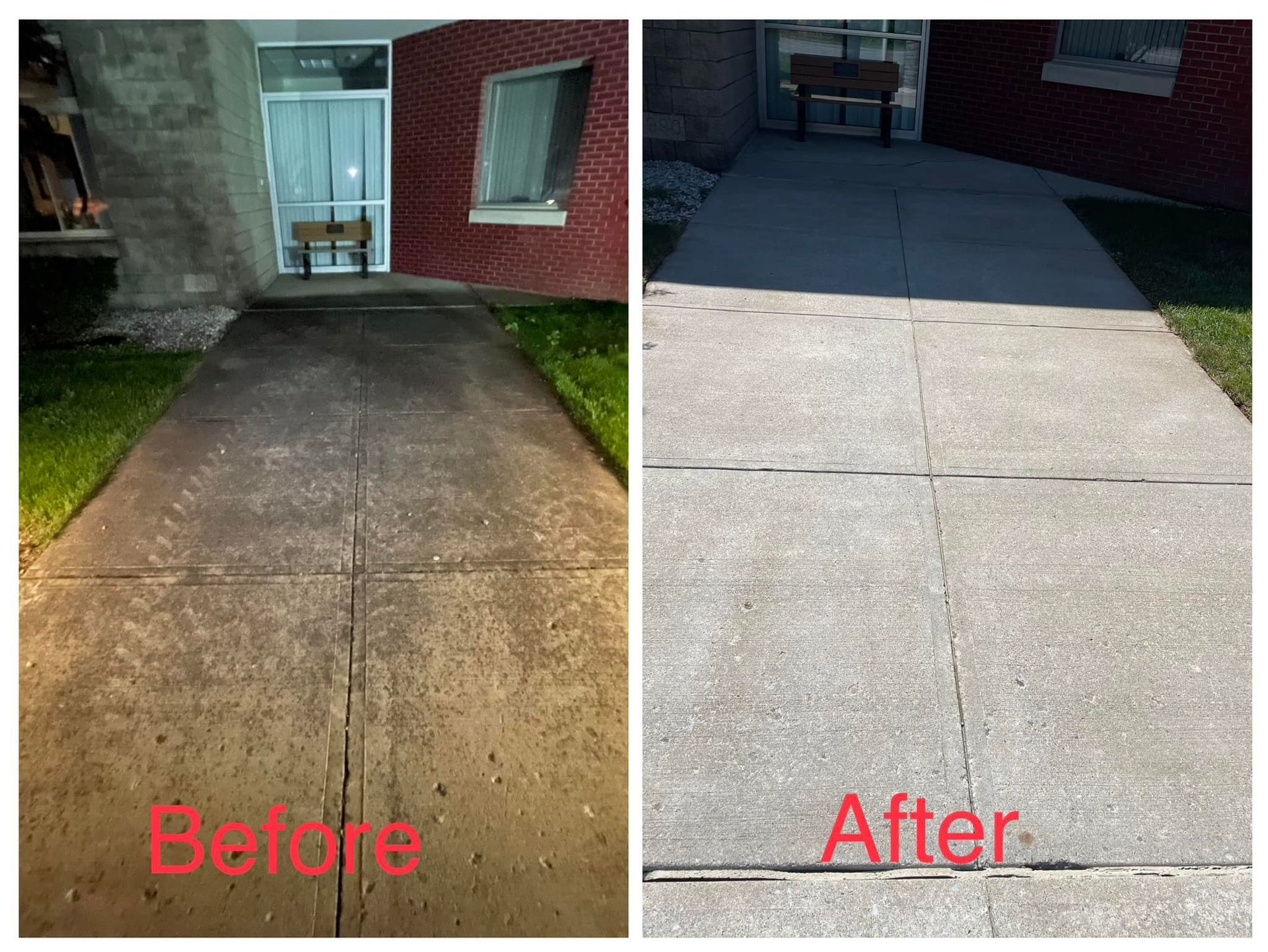 A before and after photo of a concrete walkway.