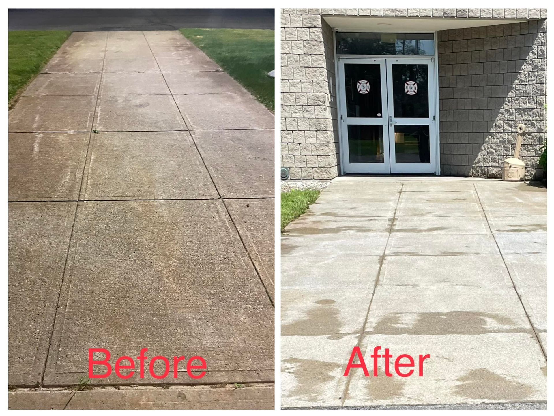 A before and after photo of a sidewalk in front of a building