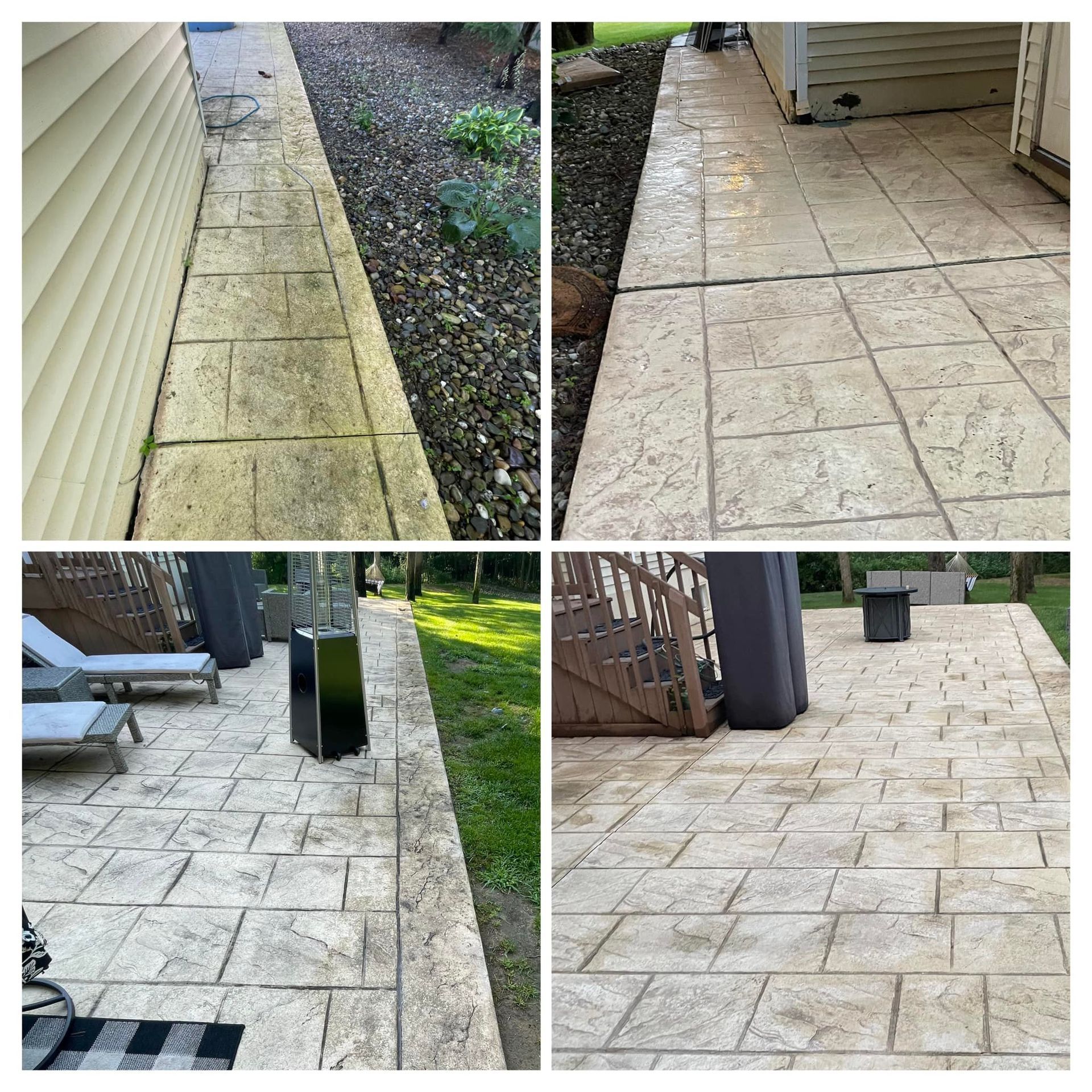 A collage of four pictures of a patio before and after being cleaned.