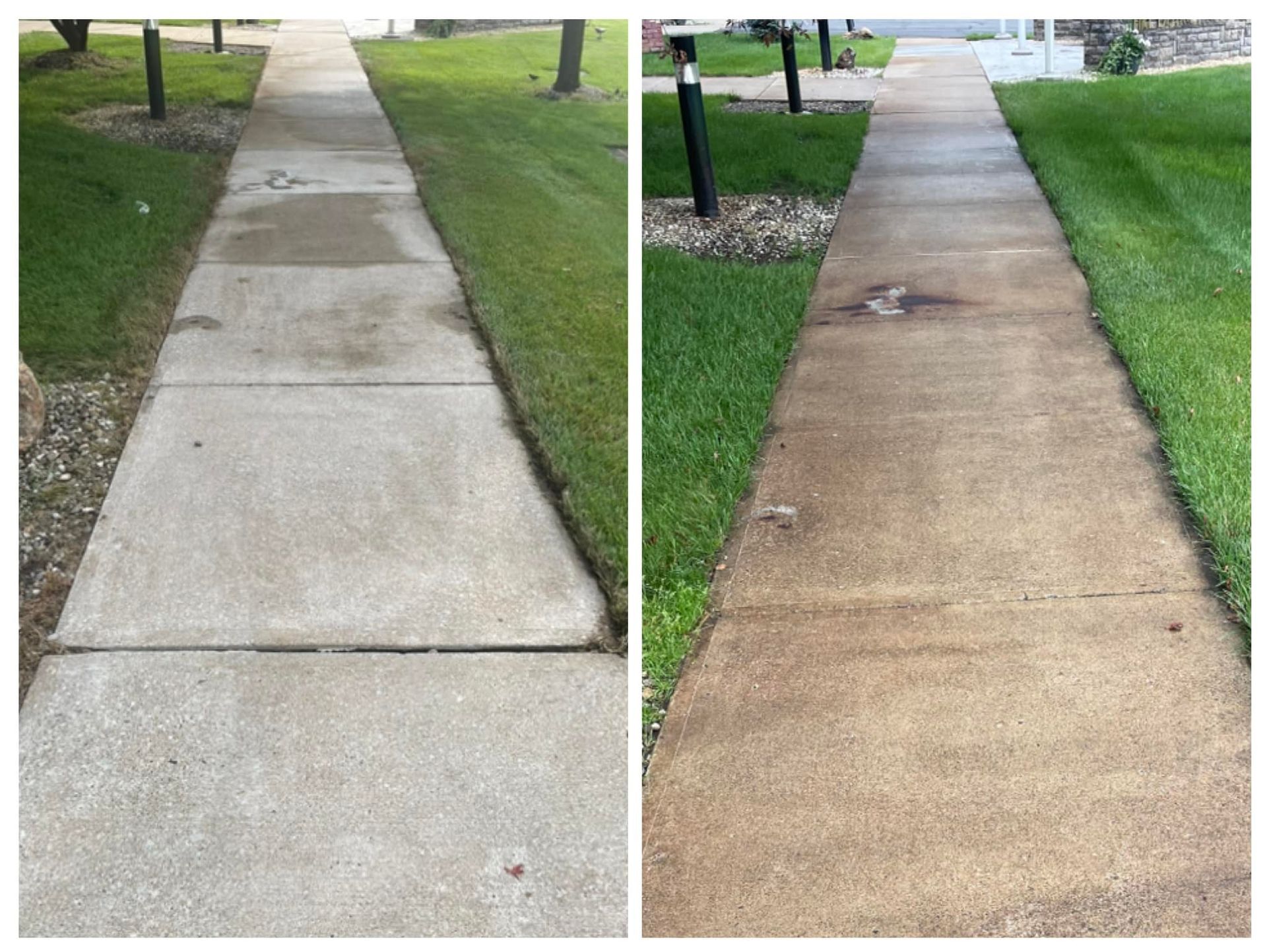 A before and after photo of a sidewalk that has been cleaned.