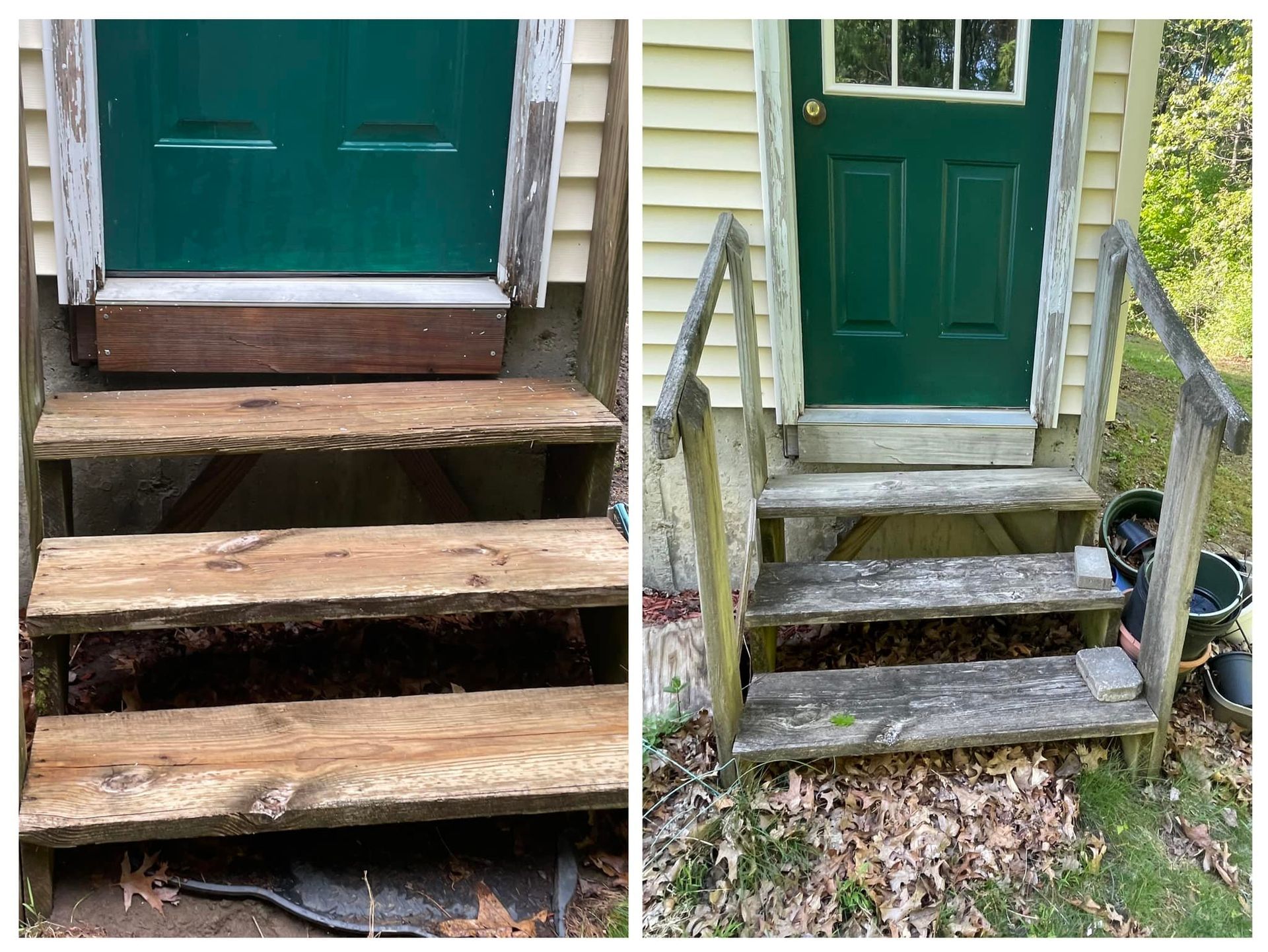 A before and after photo of a wooden porch staircase in front of a green door.
