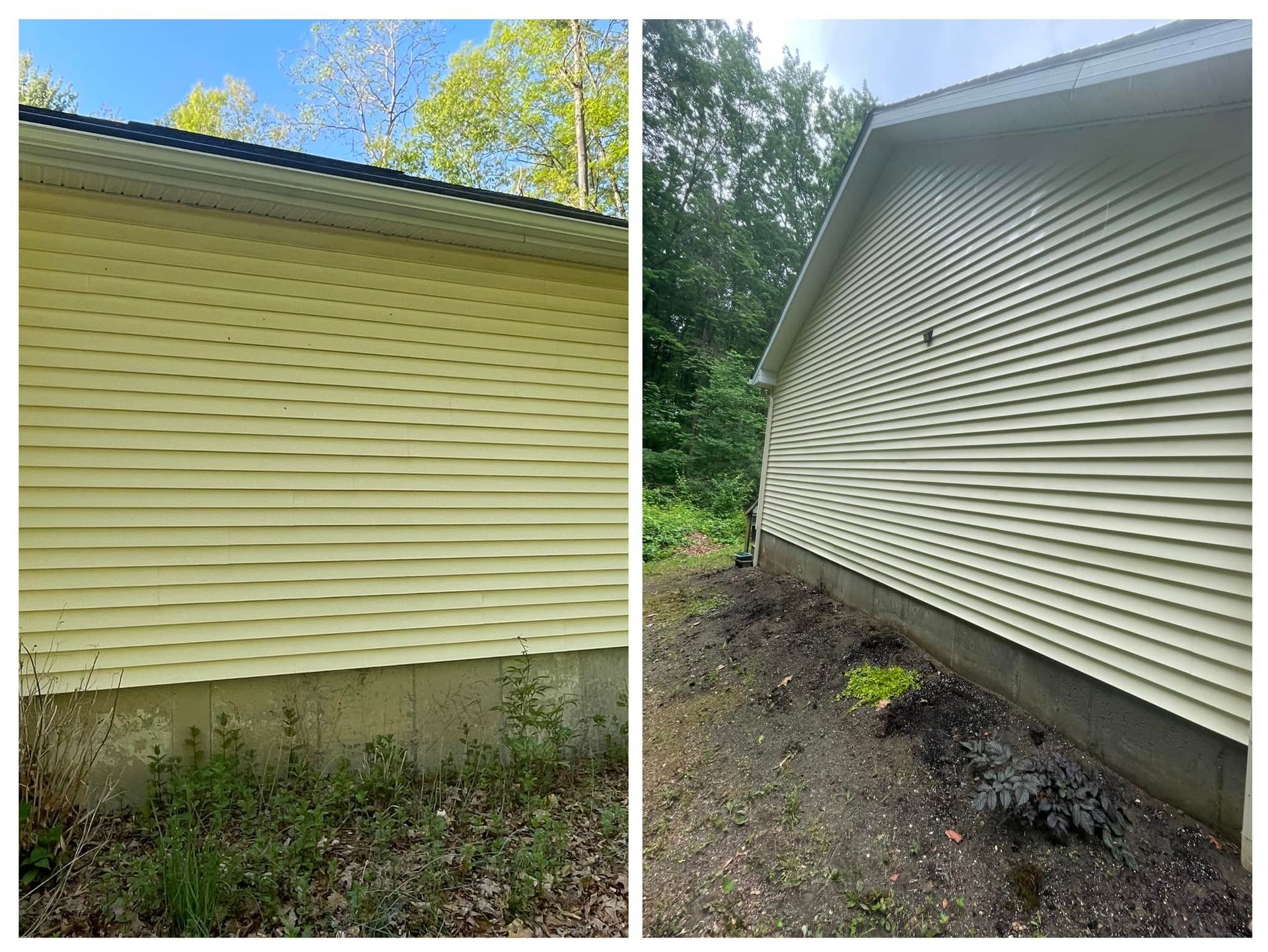 A before and after picture of a house with vinyl siding.