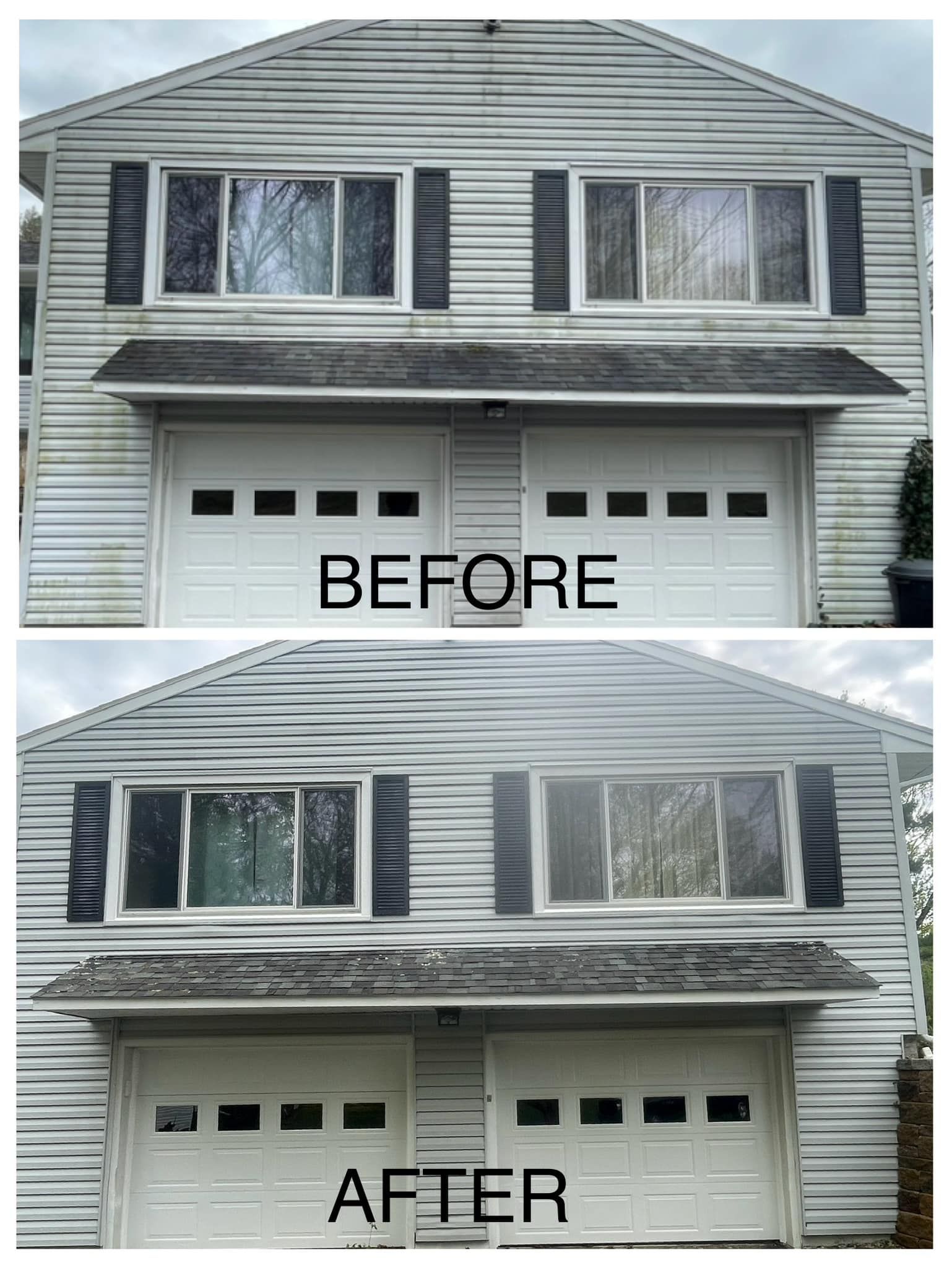 A before and after picture of a house with a garage door.