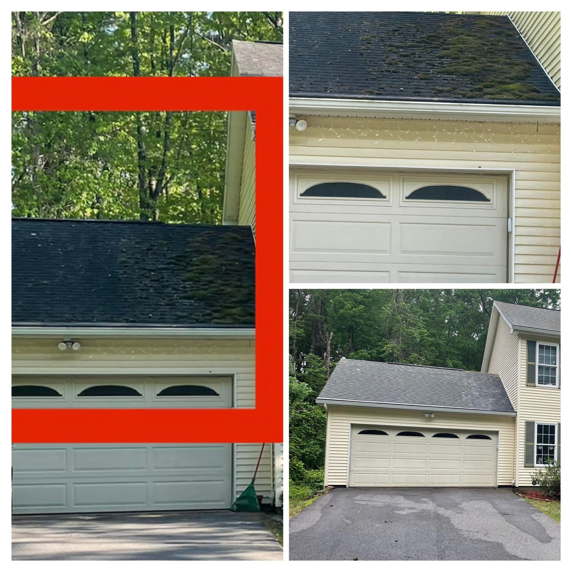 A collage of three pictures of a garage door and roof