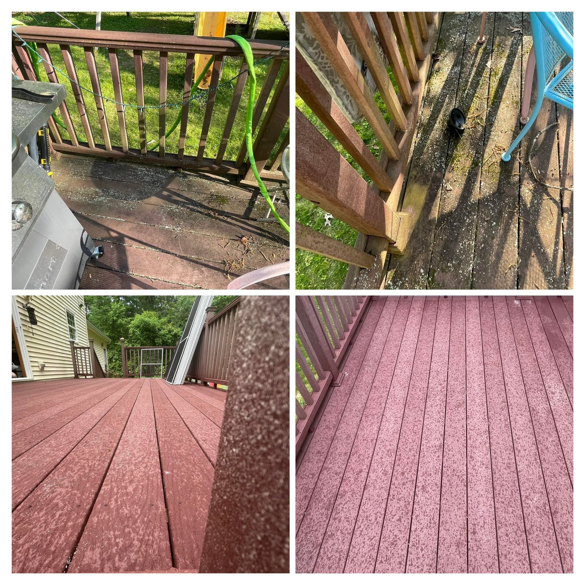 A collage of four pictures of a deck before and after being painted red.
