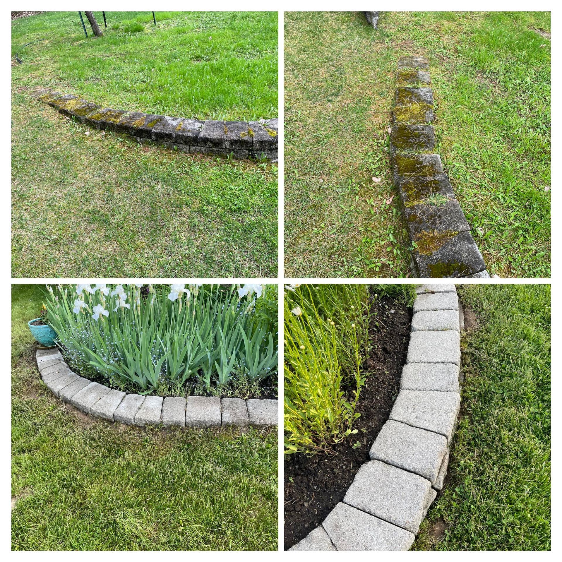 A collage of four pictures of a garden with a stone border.