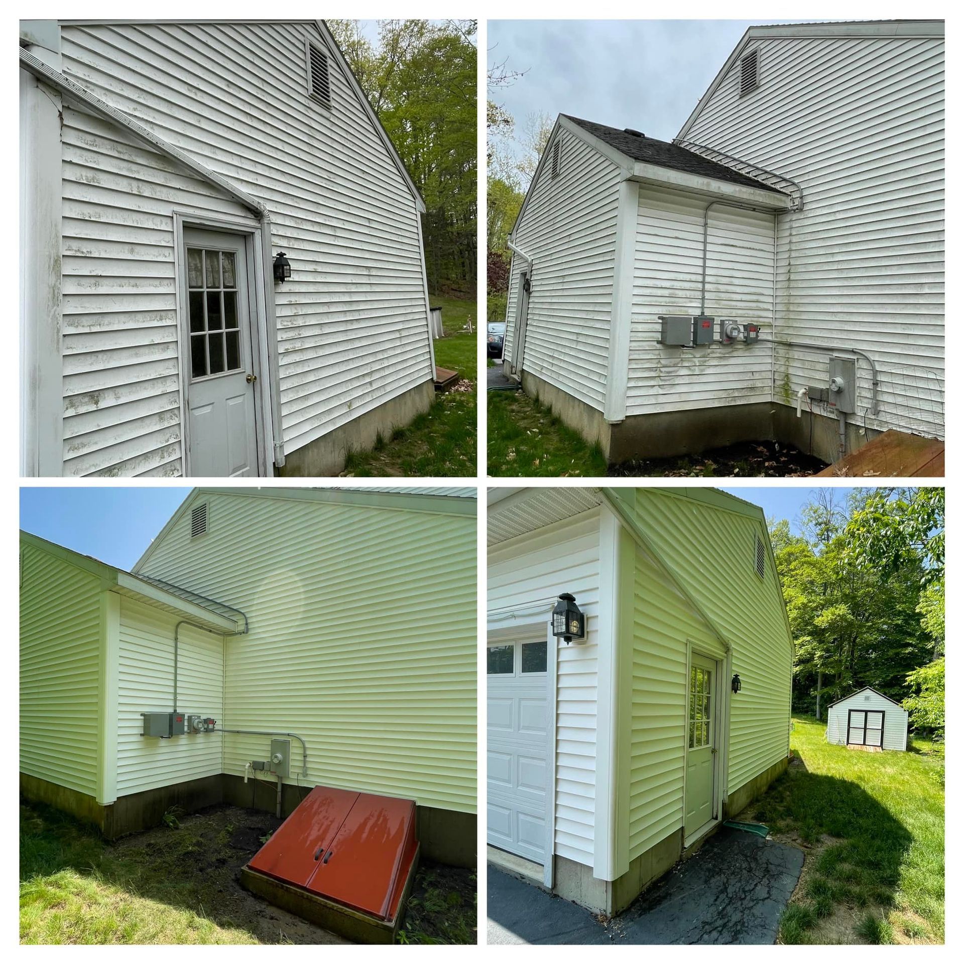 A collage of four pictures of a house before and after being painted.