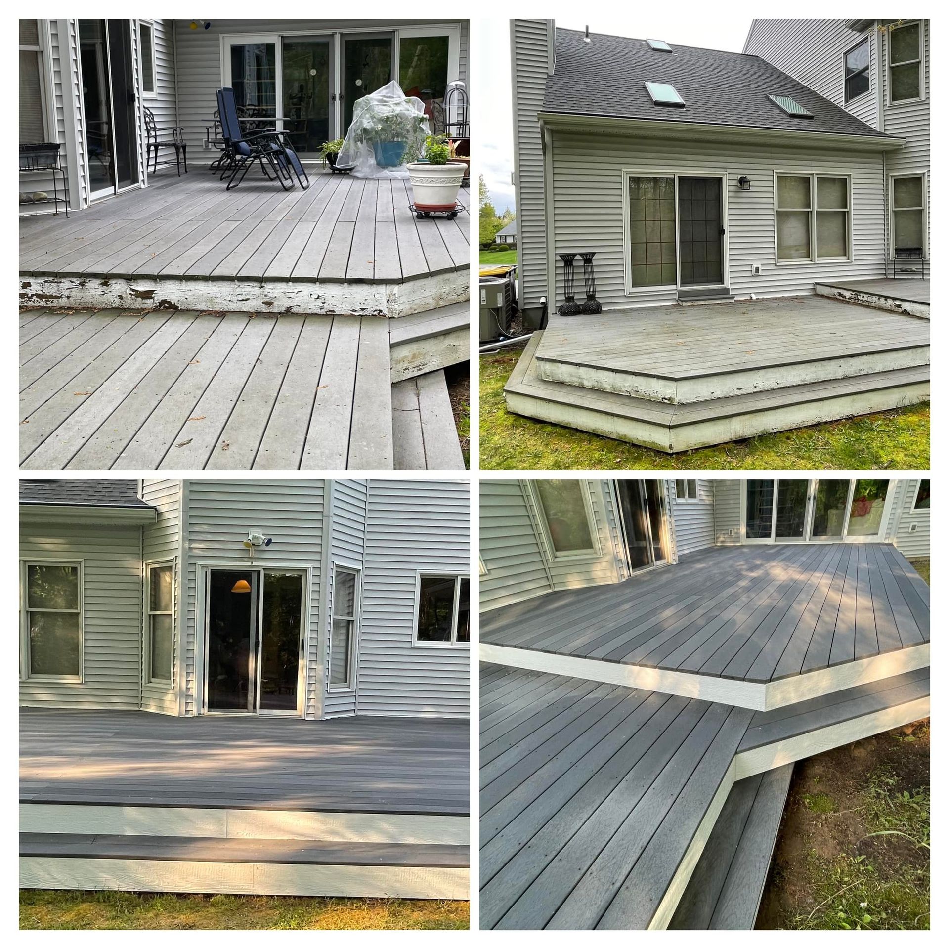 A collage of four pictures of a deck in front of a house.