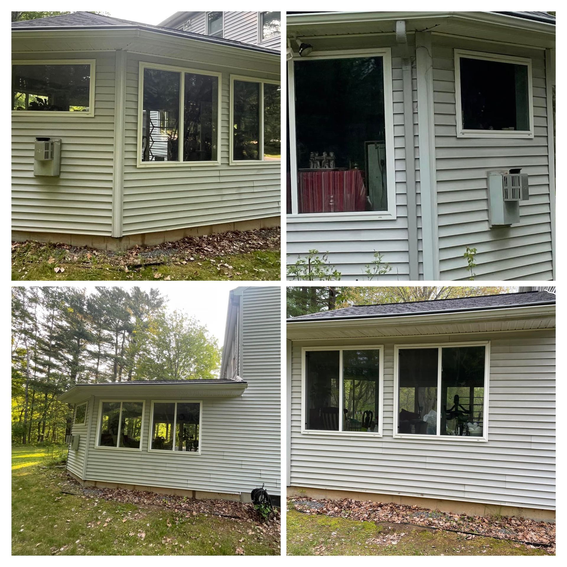 A collage of four pictures of a house with a lot of windows.