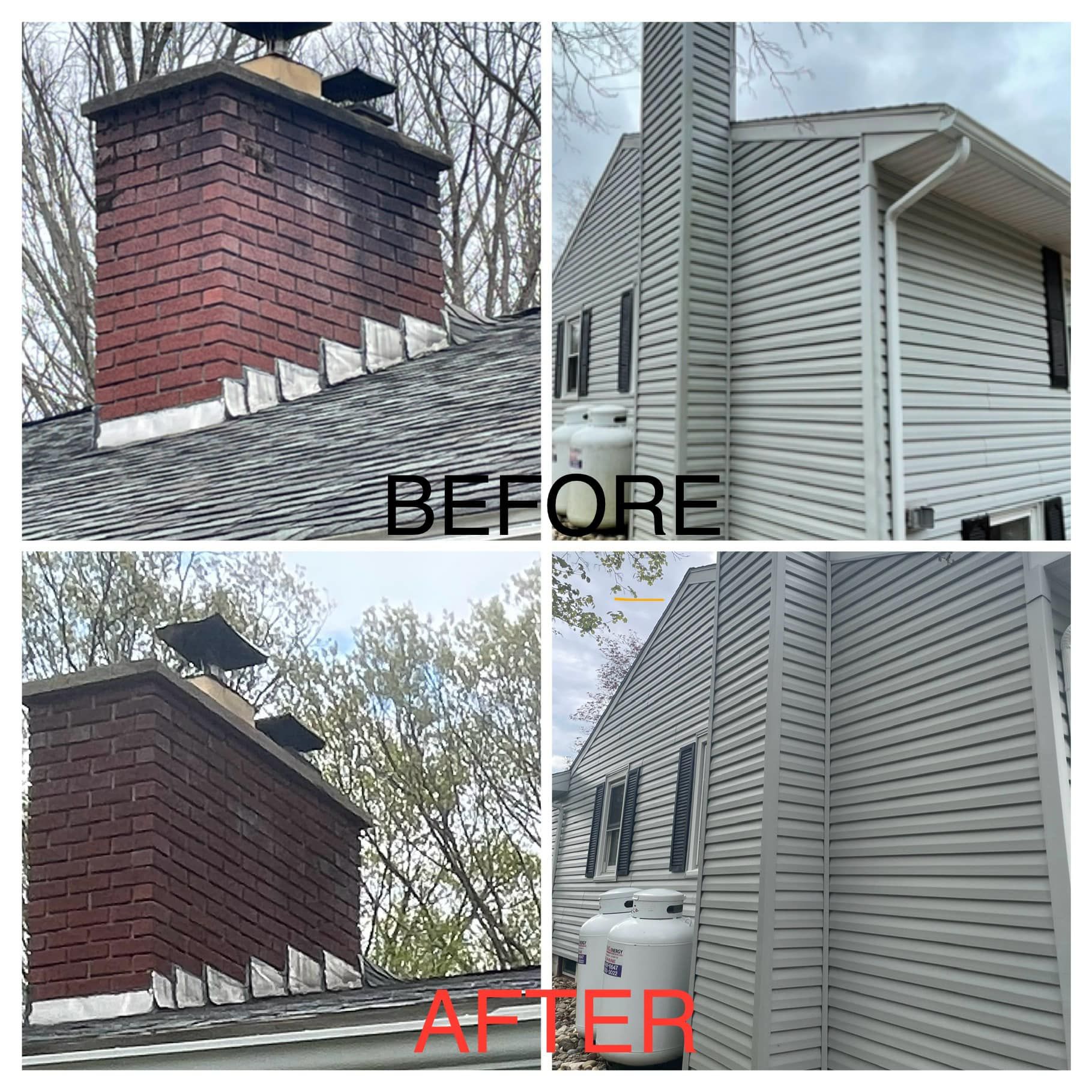 A before and after picture of a house with a chimney.