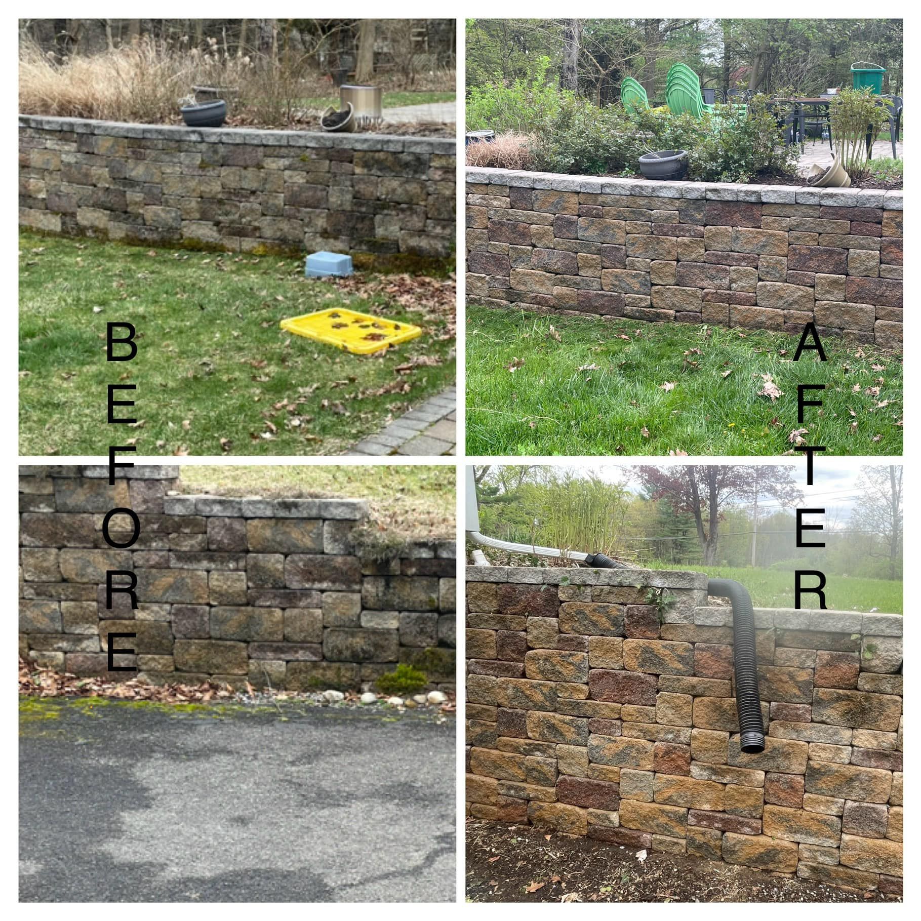 A before and after photo of a brick wall