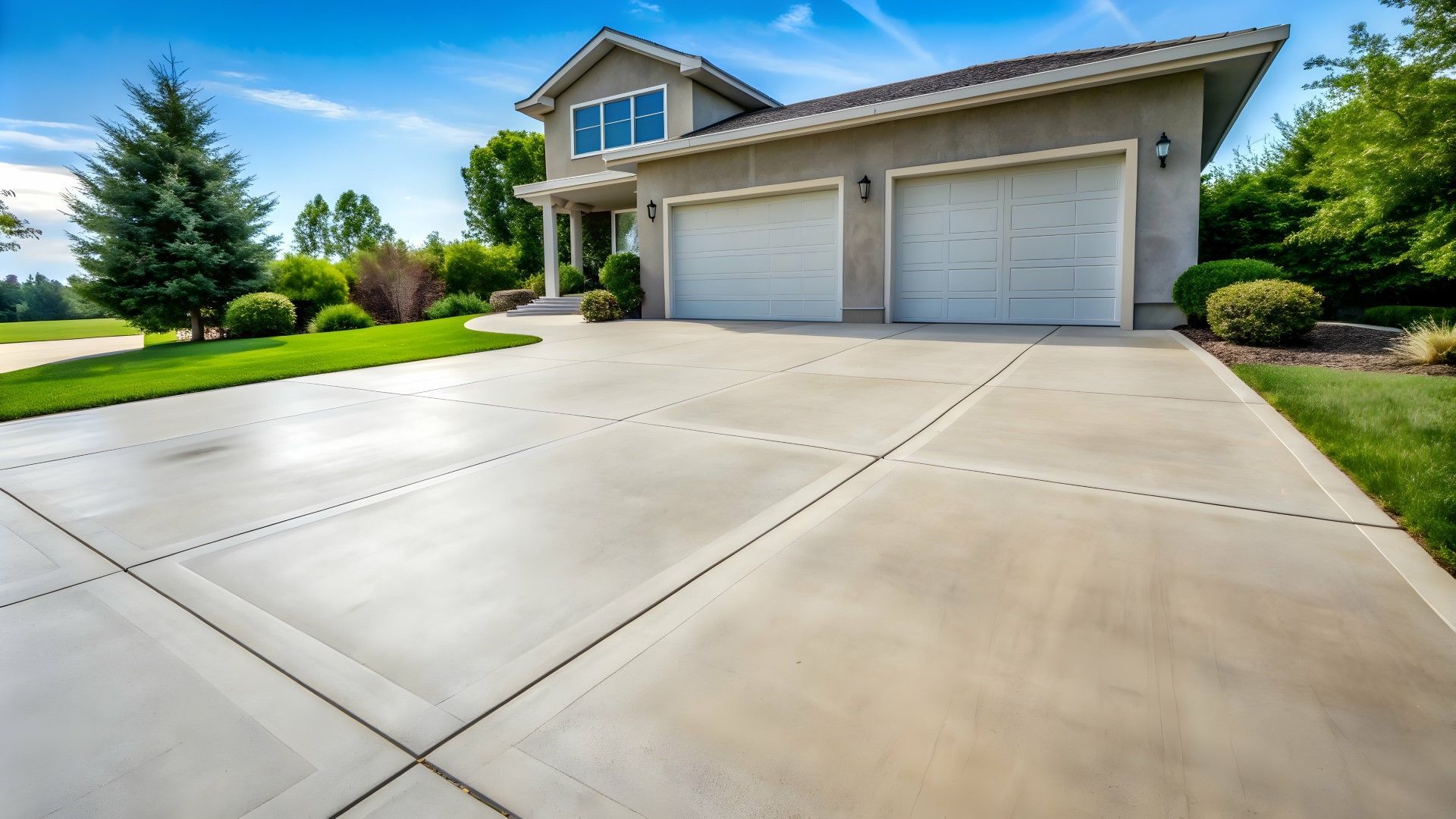 A concrete driveway leading to a large house with two garage doors.