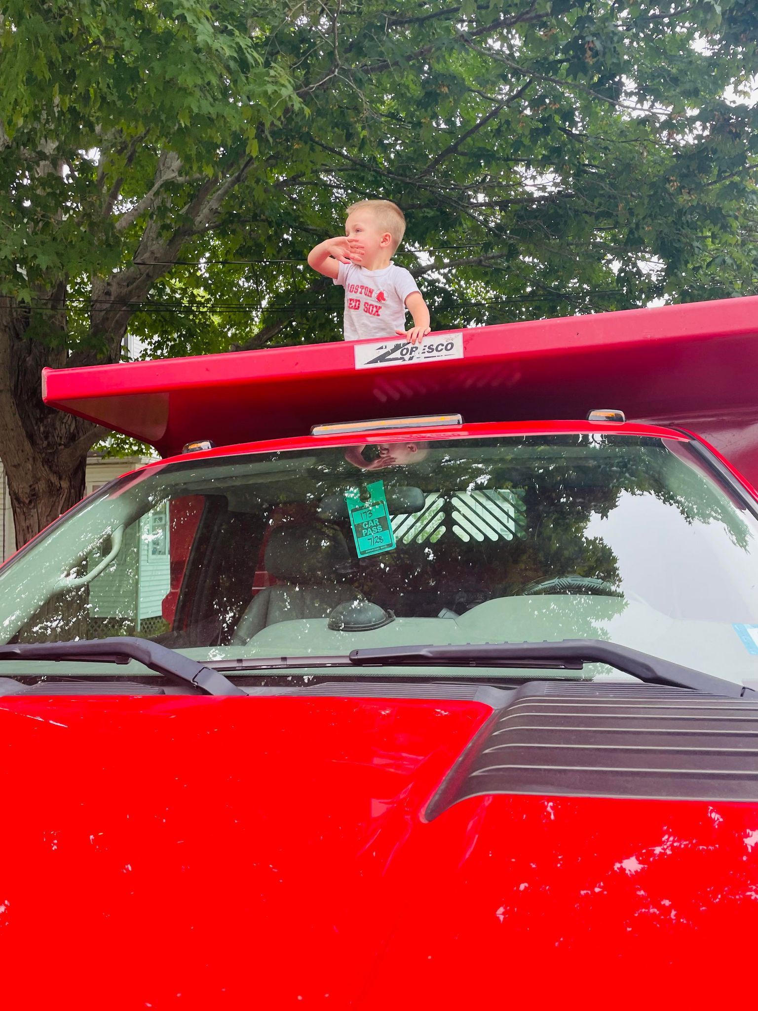 child in back of Finally Freedom Junk Removal truck
