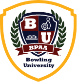 The logo for bowling university is a shield with a bowling ball and laurel wreath.