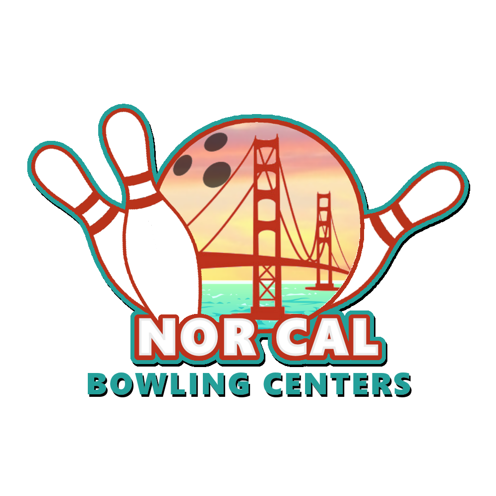 The nor cal bowling centers logo shows a bowling ball and pins with the golden gate bridge in the background.