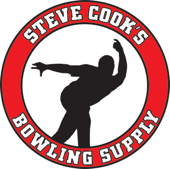 The logo for steve cook 's bowling supply shows a bowler throwing a ball.