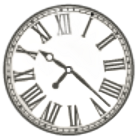 Clock face with Roman numerals, hands at 9:22.