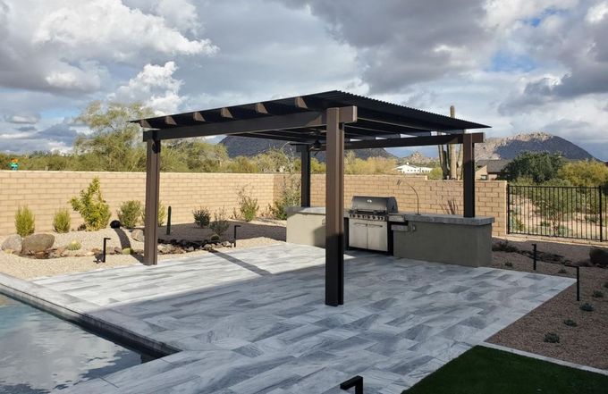 Stunning sunset view over a Phoenix home equipped with a Southwest Patio retractable awning.