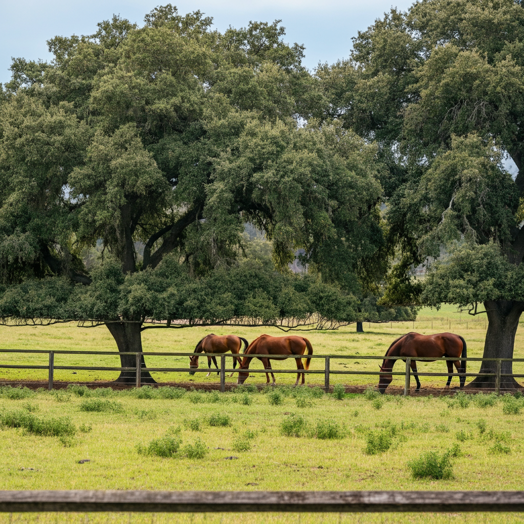 Three horses are grazing in a grassy field behind a fence.