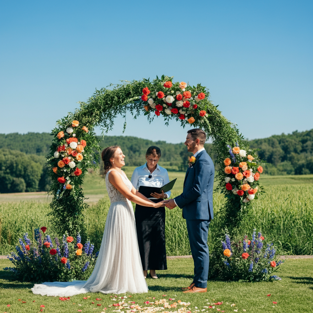 A bride and groom are holding hands during their wedding ceremony under a floral arch.