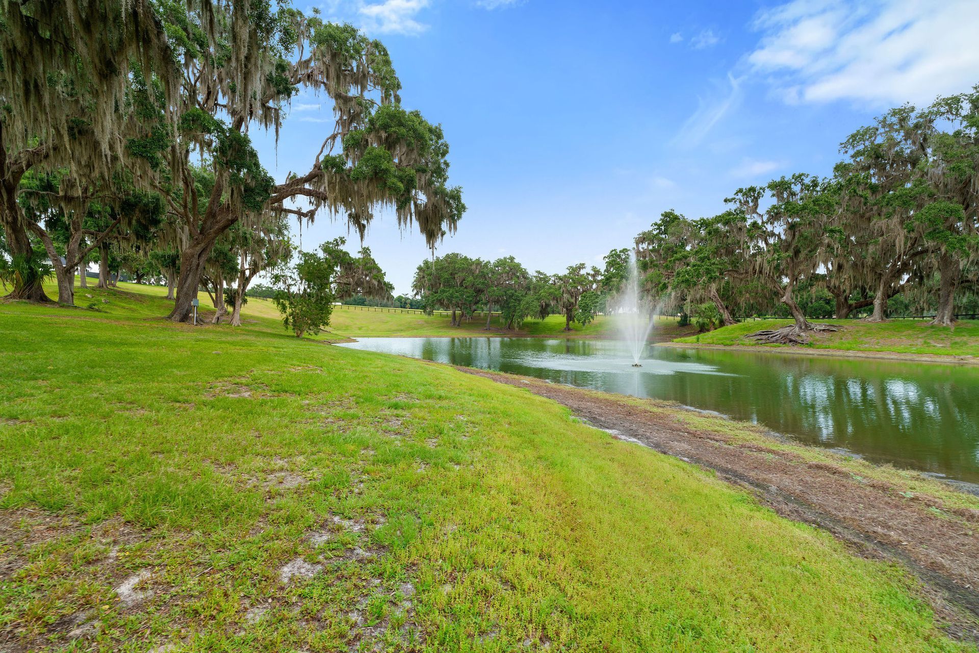 A pond with a fountain in the middle of it surrounded by trees and grass.