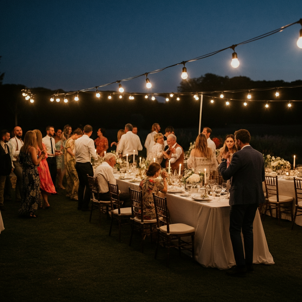 A group of people are standing around a long table at a wedding reception.