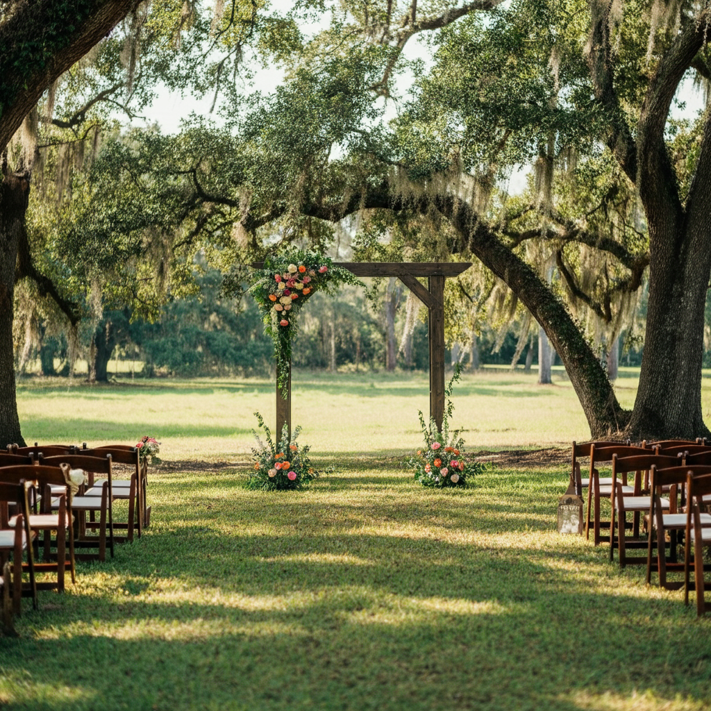 A wedding ceremony is taking place in a field with a wooden arch and chairs.