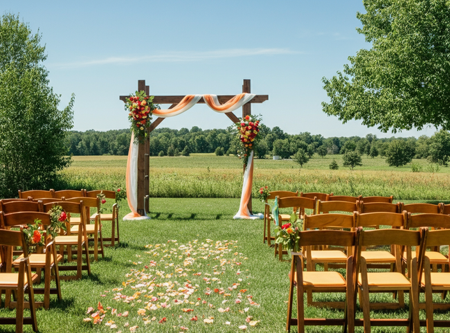 A wedding ceremony is taking place in a field with a wooden arch and chairs.