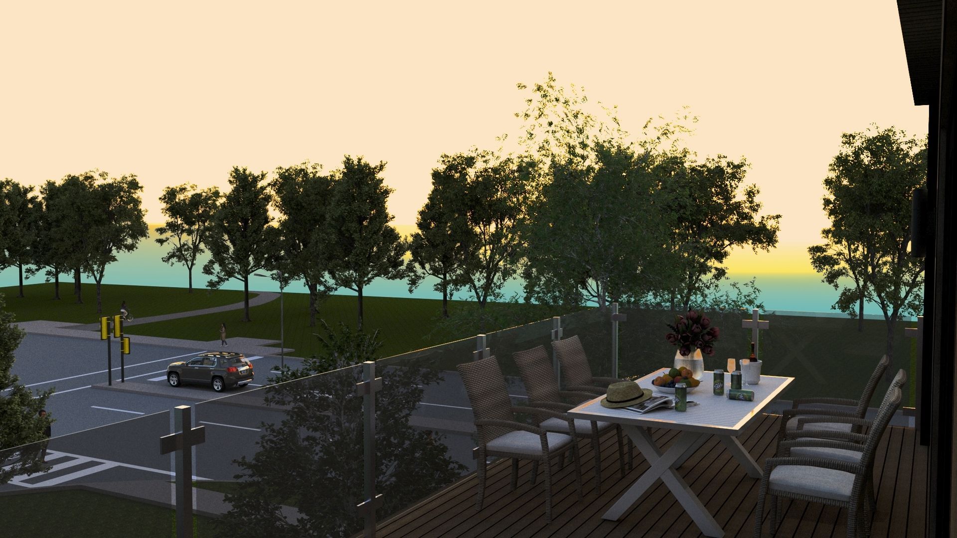 A table and chairs on a balcony overlooking a street