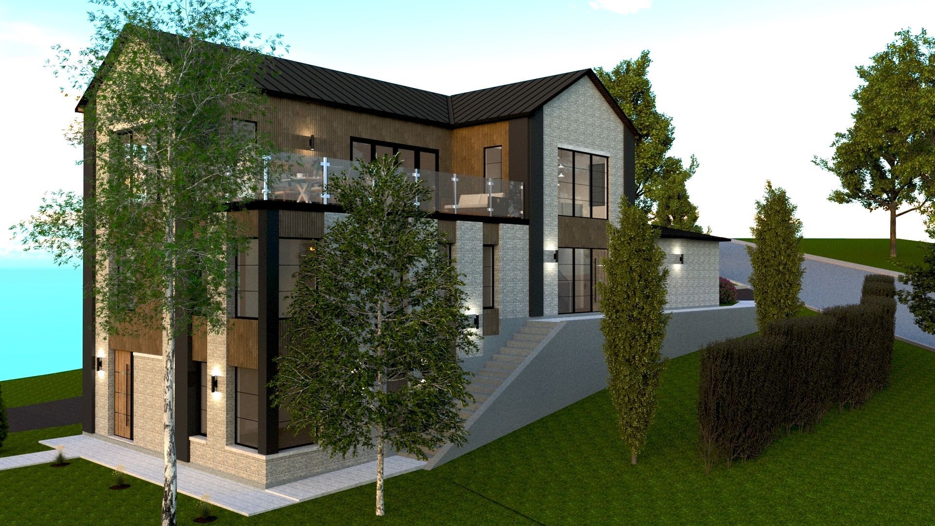 A computer generated image of a house with trees in front of it