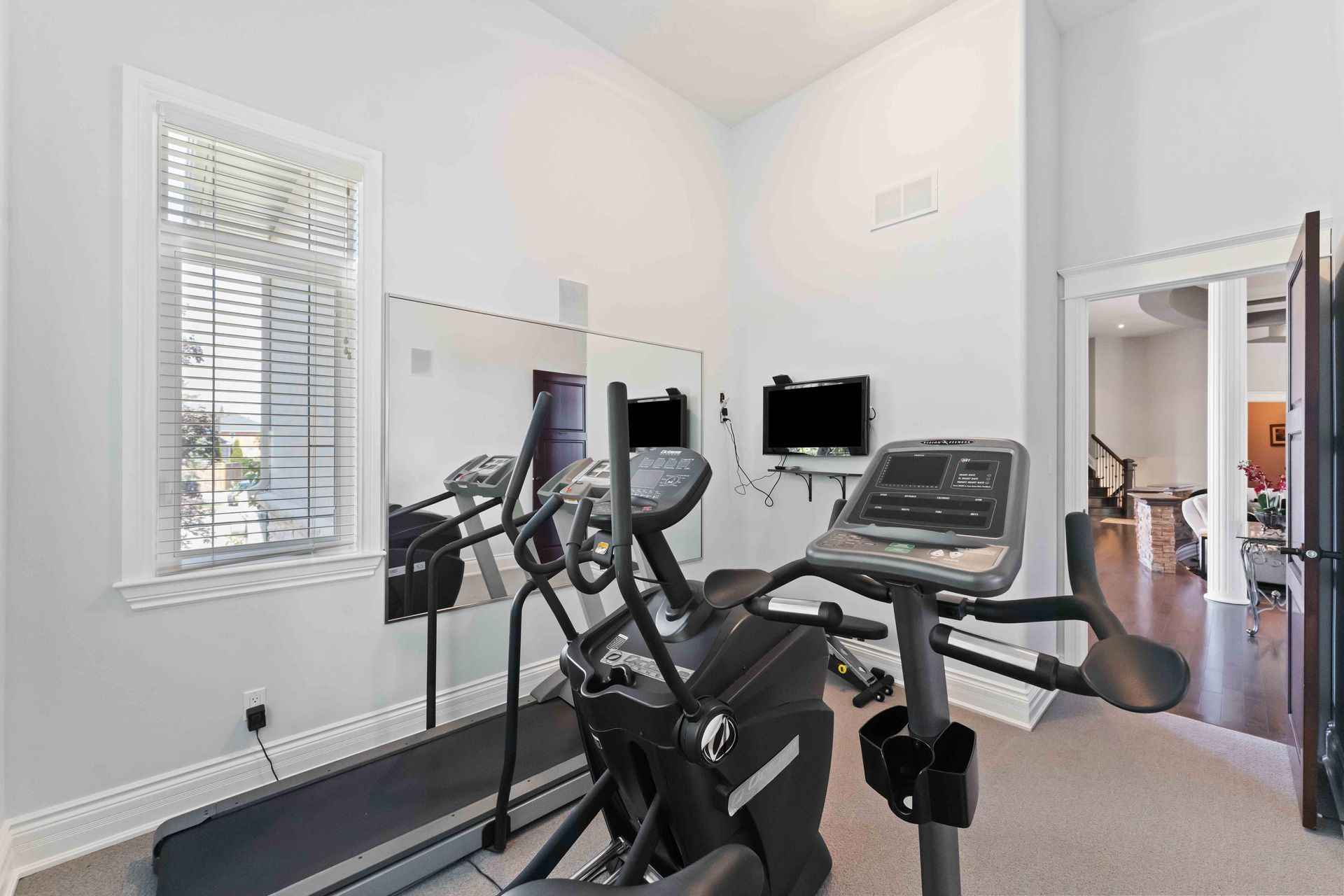 There is a treadmill and an elliptical in the room.