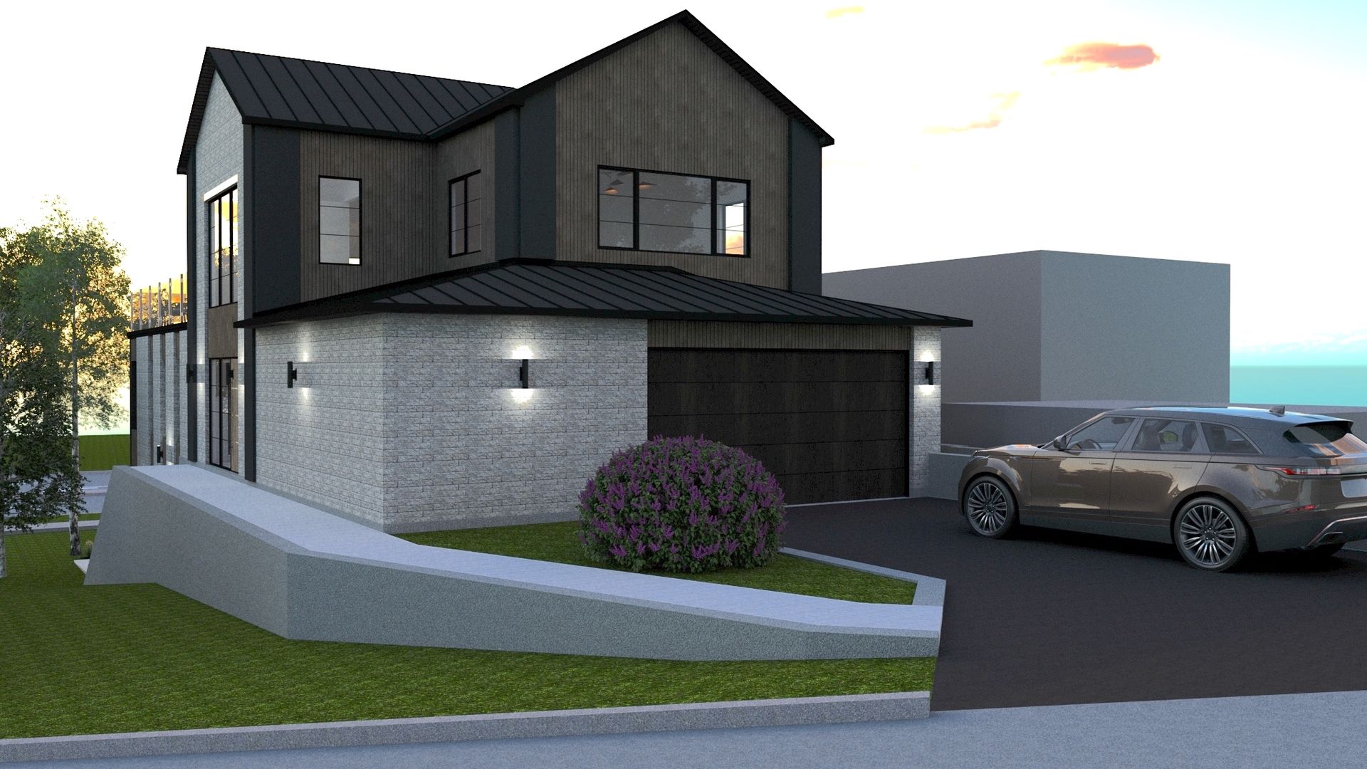 An artist 's impression of a house with a car parked in front of it.