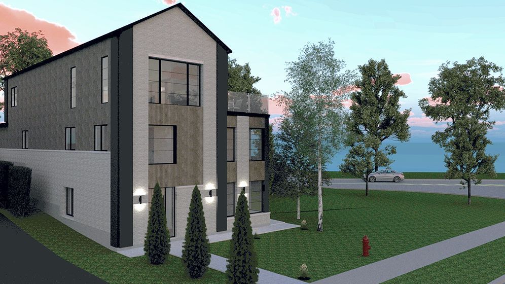 An artist 's impression of a house with a lot of windows and trees in front of it.