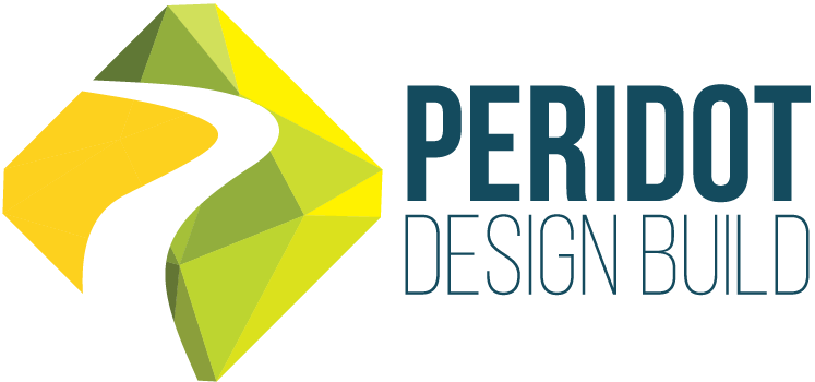 A logo for peridot design build with a yellow and green diamond.